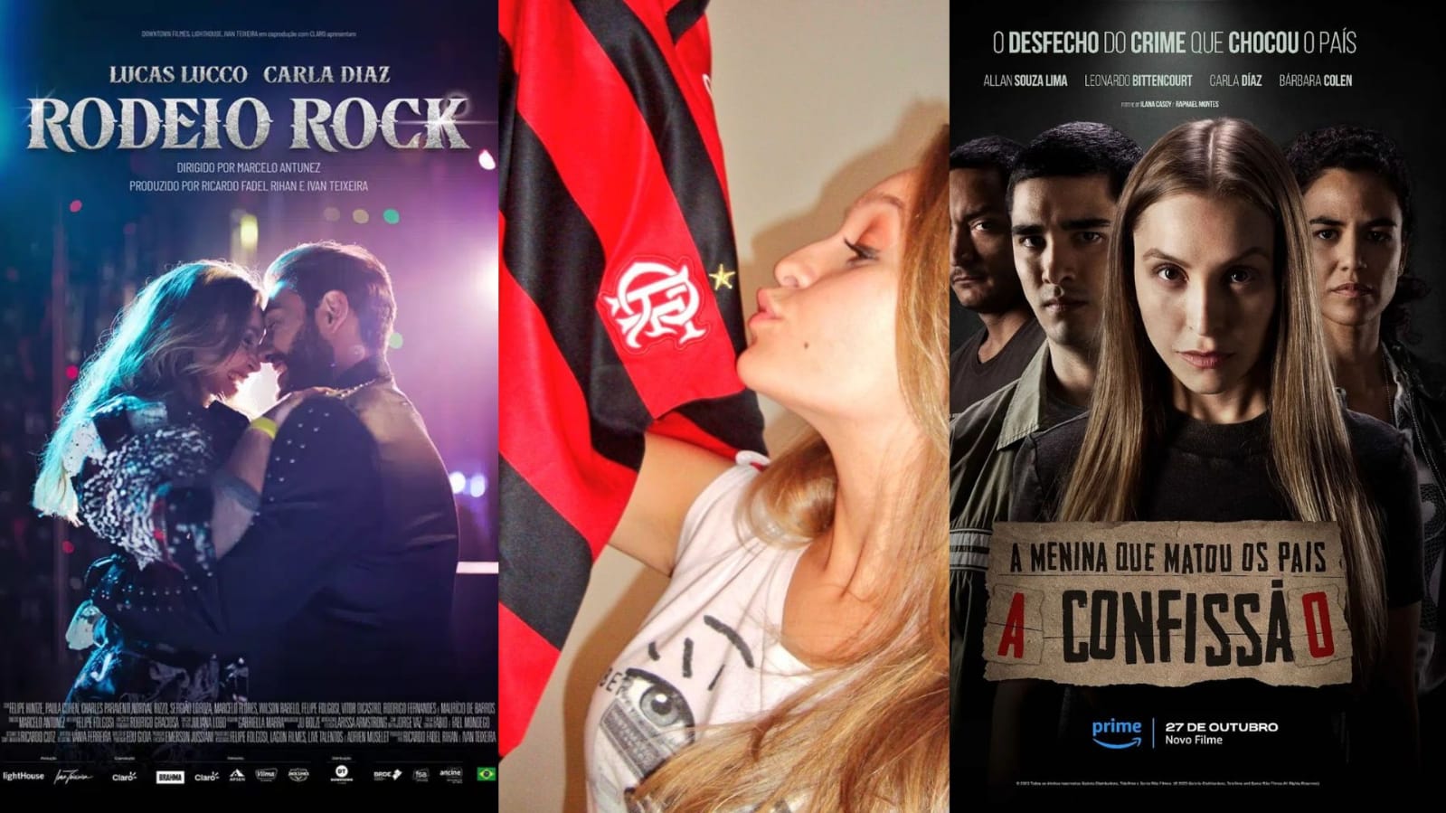 Carla Diaz com camisa do Flamengo e cartaz de filmes / Divulgação